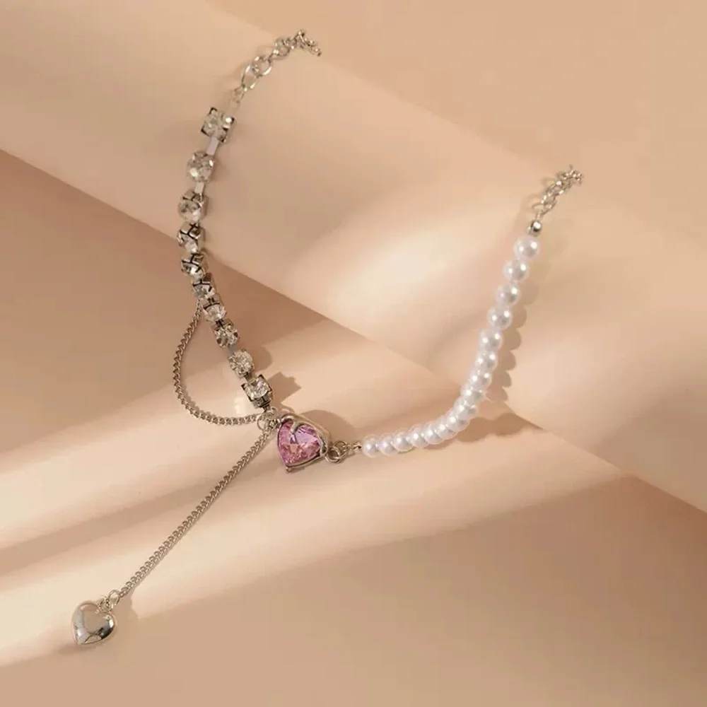 Mixed Pearl, Crystal & Pink Heart Layered Necklace